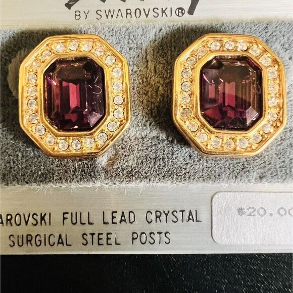 Vintage Swarovski Earrings SAL Savvy Gold Pink Amethyst Clear Crystal S.A.L. - Picture 1 of 9